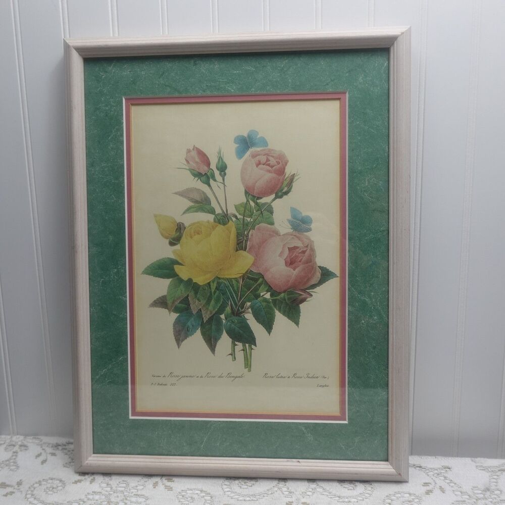 P.J. Redouté Botanical Rose Print Framed Matted Rosa Lutea Indica French Accent